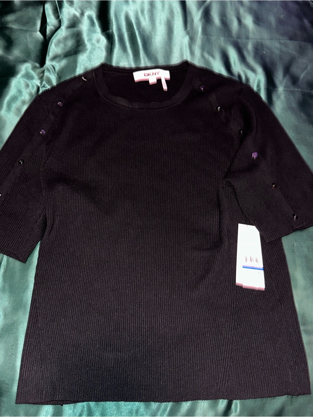 DKNY Black Short-Sleeve Crewneck Sweater with Shoulder Button Detail